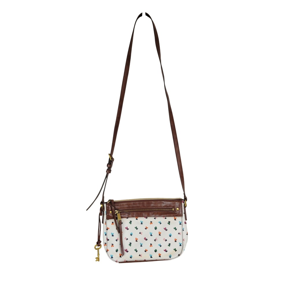 Fossil Crossbody Bag Purse Hearts White Brown Multicolor Pastel